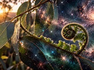 Eukalyptusblätter und Farnspirale verschmelzen mit einem leuchtenden Sternenhimmel