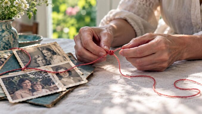 genetische Heilung Hände lösen einen roten Fadenknoten neben alten Familienfotos