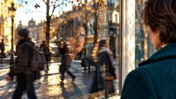 People Pleasing Spiegelbild einer Frau, überlagert von Straße und Passanten