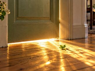 Goldenes Licht strömt unter einer geschlossenen Tür auf den Holzboden