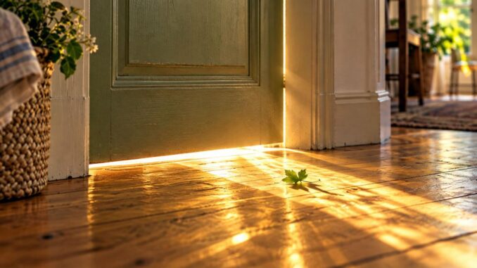 Goldenes Licht strömt unter einer geschlossenen Tür auf den Holzboden