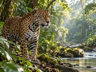 Jaguar am Bach im tropischen Wald – Symbolbild für Naturschutz und Frieden