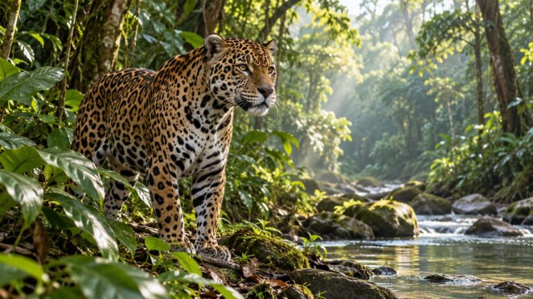 Jaguar am Bach im tropischen Wald – Symbolbild für Naturschutz und Frieden