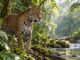 Jaguar am Bach im tropischen Wald – Symbolbild für Naturschutz und Frieden