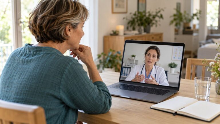 Frau spricht per Videosprechstunde mit einer Ärztin
