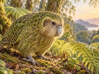 Kakapo mit grünem Gefieder zwischen Farnen im neuseeländischen Wald – Illustration