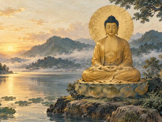 Amida Buddha als Illustration: eine goldene sitzende Gestalt auf einem Lotussitz vor einer ruhigen Seelandschaft