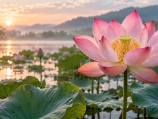 Rosafarbene Lotusblüte über einem stillen Teich im Morgenlicht