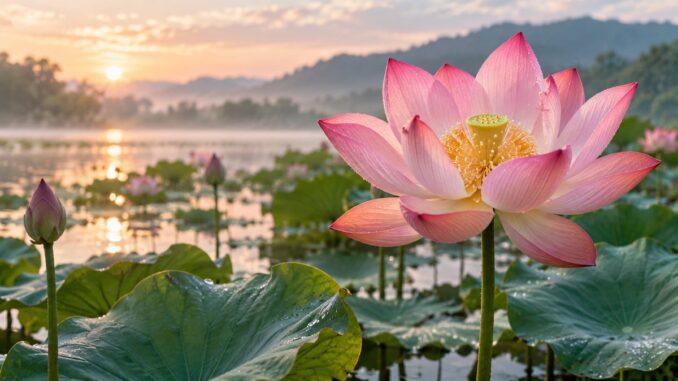 Rosafarbene Lotusblüte über einem stillen Teich im Morgenlicht